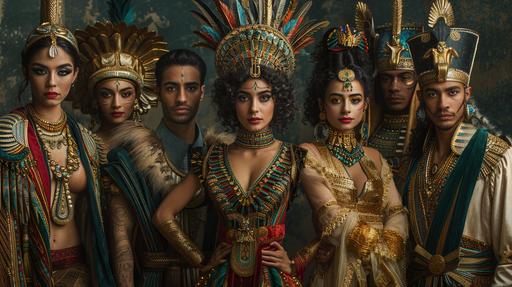 Mythology, Photo-realistic photo, Horus and Hathor posing, with the other gods and goddesses for a *Art Deco Clothing* formal portrait. --ar 16:9 --s 450 --v 6.0