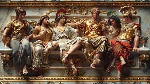 Mythology, Photo-realistic photo, Jupiter and Juno posing, with the other gods and goddesses for a *Art Deco Clothing* formal portrait. --ar 16:9 --s 450 --v 6.0