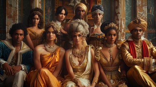 Mythology, Photo-realistic photo, Jupiter and Juno posing, with the other gods and goddesses for a *Art Deco Clothing* formal portrait. --ar 16:9 --s 450 --v 6.0