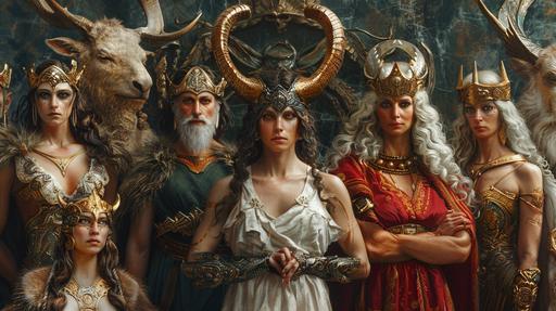 Mythology, Photo-realistic photo, Odin and Frigg posing, with the other gods and goddesses for a *Art Deco Clothing* formal portrait. --ar 16:9 --s 450 --v 6.0