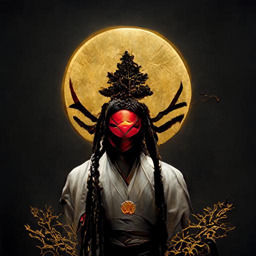 man with black and red dreadlocks wearing a white Genji oni mask with gold and red Symbols sitting on a tree under a red cresent moon holding a Golden scorpion with red eyes, ultra realistic, 8k high resolution, Dramatic lighting, detailed, Hyper realistic,