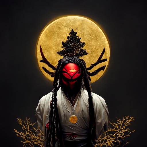 man with black and red dreadlocks wearing a white Genji oni mask with gold and red Symbols sitting on a tree under a red cresent moon holding a Golden scorpion with red eyes, ultra realistic, 8k high resolution, Dramatic lighting, detailed, Hyper realistic,