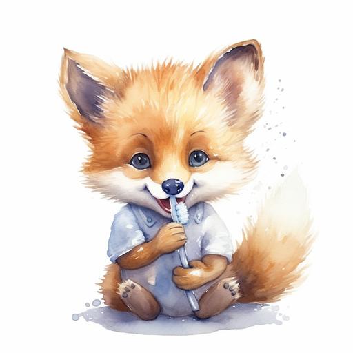 Baby Fox - Brushing Teeth: cute, watercolor, badges, white background, kids style