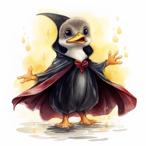 Duckling in Vampire Cape Watercolor: A tiny duckling, painted in watercolor, dressed in a Dracula cape and attempting to quack 