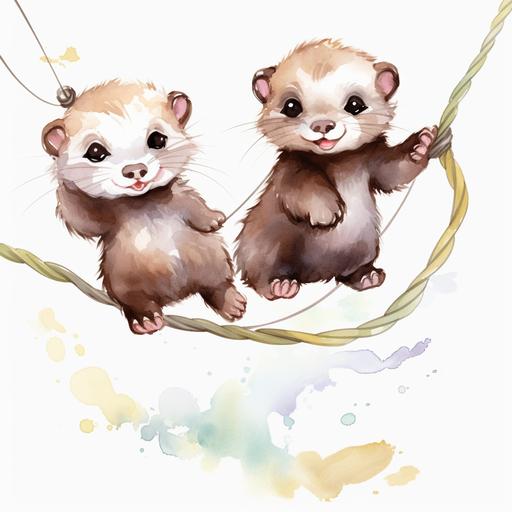 Watercolor happy baby Ferrets cartoon style clipart, simple style, jump on a rope