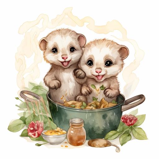 Watercolor happy baby Ferrets cartoon style clipart, simple style, cooking pasta