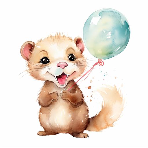 Watercolor happy baby ferret cartoon style clipart, simple style,Blowing a chimigun balloon