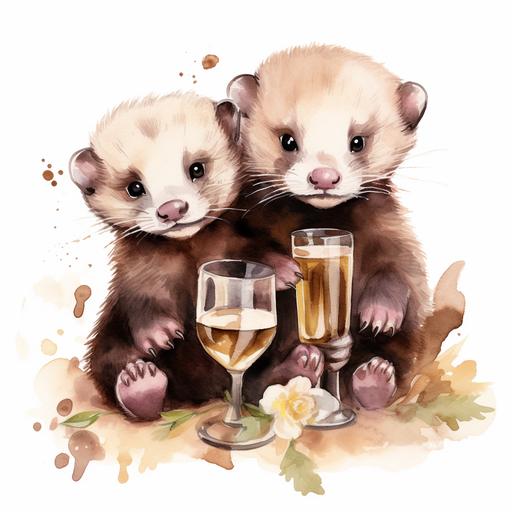 Watercolor happy baby ferrets cartoon style clipart, simple style, drinking wine