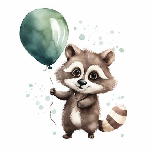 Watercolor happy baby racoon cartoon style clipart, simple style,Blowing a chimigun balloon