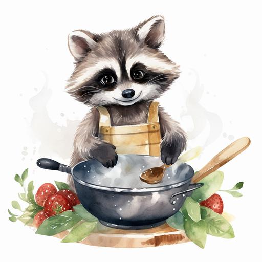 Watercolor happy baby racoon cartoon style clipart, simple style, cooking pasta