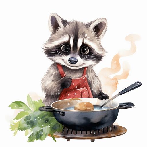 Watercolor happy baby racoon cartoon style clipart, simple style, cooking pasta