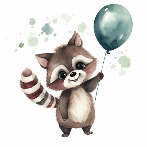 Watercolor happy baby racoon cartoon style clipart, simple style,Blowing a chimigun balloon