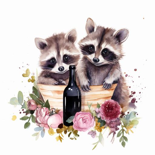 Watercolor happy baby racoons cartoon style clipart, simple style, drinking wine