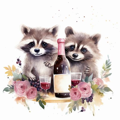 Watercolor happy baby racoons cartoon style clipart, simple style, drinking wine