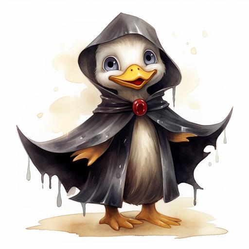 baby duckling, painted in watercolor, dressed in a Dracula cape and attempting to quack 