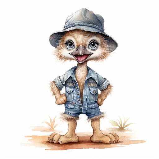 palyful full body safari baby Ostrich watercolor in a pastel style with big eyes, a smile, and wearing a denim hat