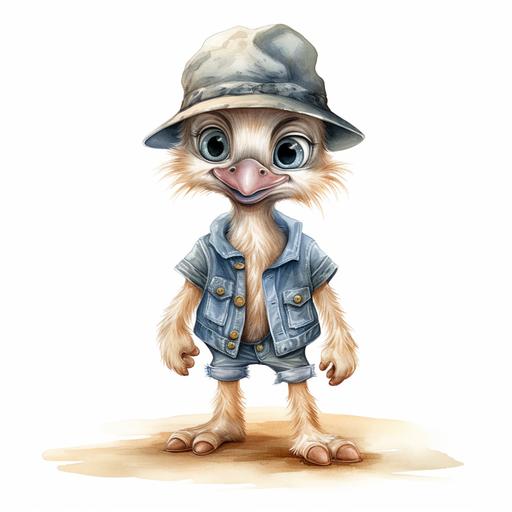 palyful full body safari baby Ostrich watercolor in a pastel style with big eyes, a smile, and wearing a denim hat