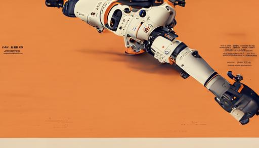 NASA robot leg joint, technical drawing, blueprint, white orange color scheme, 3d design, hyper detailed, engineering blueprints, technical drawings, calculus, stained paper, hyperrealistic, ultra detailed, 4K, octane render, unreal engine --ar 16:9