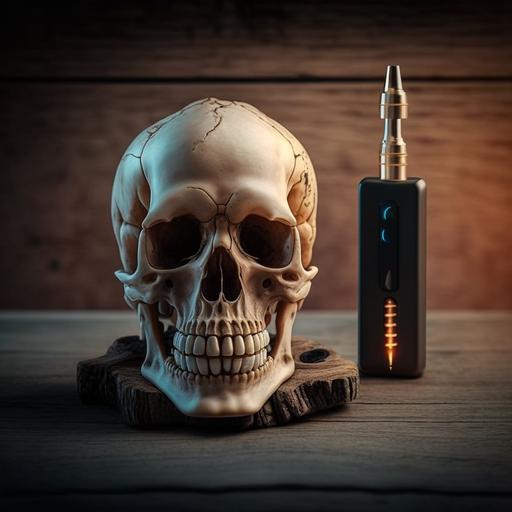 human skull front view holding e-cigarette in teeth wooden table