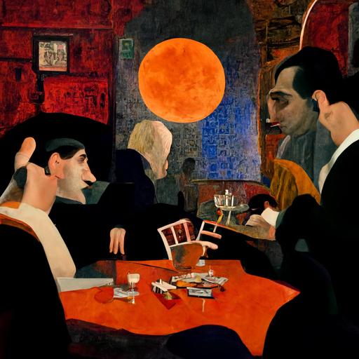 A scene set in 1933, inside a Spanish cafe where the painters, Picasso, Dali, Gaudi, Modigliani, Warhol, Jean Michel Basquiat are playing cards, and smoking cigars, and drinking wine., in 3D, 40k, rendered, hyper-realism, under and orange moon   nice tones.