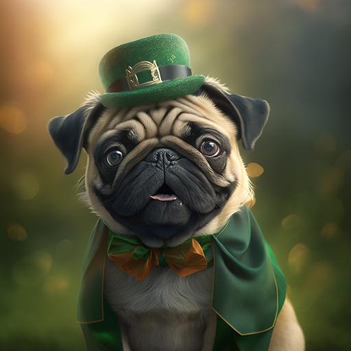 a silly, happy, realistic pug in a leprechaun costume