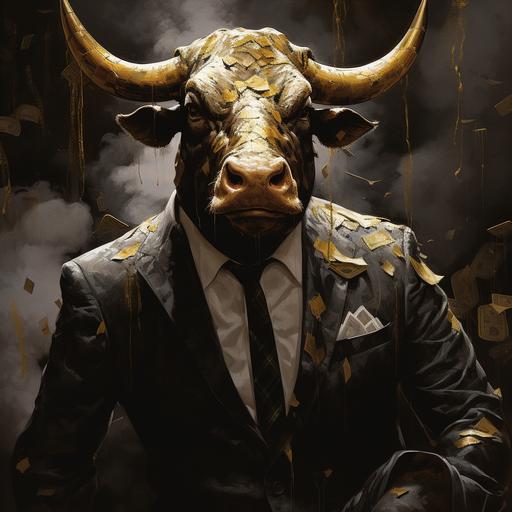 NTF, bull with money and gold, suit, bk black.