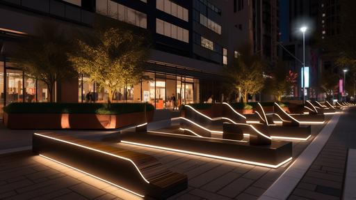civic lane way public space urban design, neon light strips zig zag above the street, street furniture up lit by led strips at base, dusk twilight scene, vibrant, street planter boxes, modern architecture, glazed facades, extremely detailed, high quality image, 16K, --ar 16:9 --niji 5 --v 5 --q 5