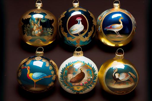 a collection of ornaments, Twelve drummers drumming, Eleven pipers piping, Ten lords a-leaping, Nine ladies dancing , Eight maids a-milking. Seven swans a-swimming, Six geese a-laying. Five golden rings. Four calling birds. Three french hens. Two turtle doves, and A partridge in a pear tree, 3D, hand blown mercury glass, detailed painting, intricate, extremely beautiful, extremely detailed , 8k --ar 3:2 --chaos 100 --q 2 --v 4 --upbeta