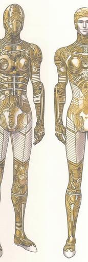 detailed contour line art pen and ink with vivid watercolor with metallic gold foil highlights fashion illustration by J.C.Leyendeck and Tom of Finland:: retro-futurist men's briefs on muscular models:: --ar 1:3 --c 24 --v 5 --q 2 --s 750