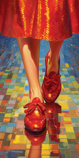 glint of light on sparkling ruby red shoes::2 worn by Judy Garland as Dorothy Gale, in the bright saturated technicolor land of the munchkins over the rainbow stylized pop art deco illustration in vivid colors, hyper-detailed illustrations, Martine Johanna, David Aja, John Berkey, photo-realistic hyperbole, photo-realistic hyperbole, kunio okawara, nobuo sekine::1.8 --ar 1:2 --s 1000 --v 5.1   --v 5.1 --s 750
