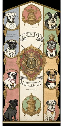 heraldic banner featuring a Pug, Boston Terrier, French Bulldog, Pomeranian Corgi Labrador Retriever, Beagle, German Shepherd, Boxer, Dachshund, Siberian Husky, Great Dane and Miniature Schnauzeran all jam-packed on one banner::2.5 detailed minimalist line drawing watercolor by Mucha   ultra realism, accurate draftsmanship, pink, lime, teal, orange and black inks, and metallic gold leaf, Full of gold layers::2 misshapen animal, human::-.5 --ar 1:2 --s 750 --chaos 100