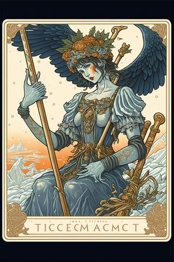 holiday themed tarot by Alphonse Mucha and J.C. Leyendecker, extremely intricate line work in blues, dark navy, oranges, yellows, pinks, pistachio, burnished with 24k gold leaf, metallic silver leaf, extremely beautiful angel bringing the magic of Christmas, with a heavenly host of angels above huge glacier in background with crepusular light rays shining off the ice, brillaint light of the aurora borialis in harmonious saturated colors, snow on evergreens, twinkling stars in the night sky, huge swirling snowflakes, woodland animals, extreme details, light and color reflecting brilliantly off of every surface, , extremely detailed, extreme realism, beautiful design, joyous, festive --ar 2:3 --chaos 100 --stylize 1000 --s 5000 --q 2 --v 4