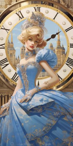 hyper-photorealistic, 3D, portrait of Disney's Cinderella with her blond hair up, wearing a stunning glittering ball gown with extremely full skirt, and a small tiara, extremely beautiful, youthful, dynamic, special attention to the photorealism and details of the face ::5 tarot card featuring close up of Cinderella::5.5 Cinderella as the clock strikes midnight ::4.5 close up of Cinderella looking directly at camera on the palace steps, symmetry of the face ::7.1 Cinderella on a liquid gold gilt, blue and silver and white and pink tarot card in Art nouveau style, close up photorealism::6 in 8 bit, pixel art style, unicake::8.9 white background::-1 --ar 1:2 --c 55 --v 5.1 --s 750