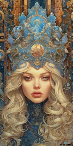 hyper-photorealistic, 3D, portrait of Disney's Cinderella with her blond hair up, wearing a stunning glittering ball gown with extremely full skirt, and a small tiara, extremely beautiful, youthful, dynamic, special attention to the photorealism and details of the face ::5 tarot card featuring close up of Cinderella::5.5 Cinderella as the clock strikes midnight ::4.5 close up of Cinderella looking directly at camera on the palace steps, symmetry of the face ::7.1 Cinderella on a liquid gold gilt, blue and silver and white and pink tarot card in Art nouveau style, close up photorealism::6 in 8 bit, pixel art style, unicake::9.2 white background::-1 --ar 1:2 --c 55 --v 5.1 --s 750