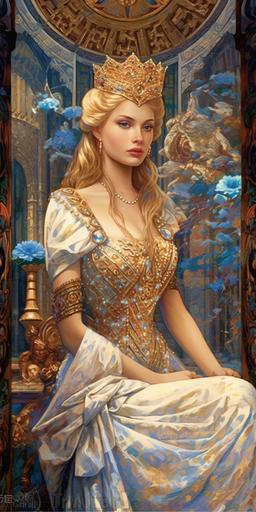 hyper-photorealistic, 3D, portrait of Disney's Cinderella with her blond hair up, wearing a stunning glittering ball gown with extremely full skirt, and a diamond tiara, extremely beautiful, youthful, dynamic, special attention to the photorealism and details of the face ::5 tarot card featuring Cinderella::5.5 Cinderella as the clock strikes midnight ::4.5 close up of Cinderella looking directly at camera on the palace steps, symmetry ::7.1 Cinderella on a liquid gold gilt, blue and silver and white and pink tarot card in Art nouveau style, photorealism::6 in 8 bit, pixel art style, unicake::8.6 white background::-1 --ar 1:2 --c 55 --v 5.1 --s 750