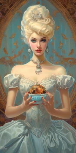 hyper-photorealistic, 3D, portrait of Disney's Cinderella with her blond hair up, wearing a stunning glittering ball gown with extremely full skirt, and a small tiara, extremely beautiful, youthful, dynamic, special attention to the photorealism and details of the face ::5 tarot card featuring close up of Cinderella::5.5 Cinderella as the clock strikes midnight ::4.5 close up of Cinderella looking directly at camera on the palace steps, symmetry of the face ::7.1 Cinderella on a liquid gold gilt, blue and silver and white and pink tarot card in Art nouveau style, close up photorealism::6 in 8 bit, pixel art style, unicake::9 white background::-1 --ar 1:2 --c 55 --v 5.1 --s 750