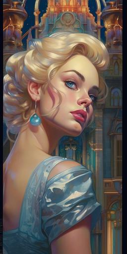 hyper-photorealistic, 3D, portrait of Disney's Cinderella with her blond hair up, wearing a stunning glittering ball gown with extremely full skirt, and a diamond tiara, extremely beautiful, youthful, dynamic, special attention to the photorealism and details of the face ::5 tarot card featuring Cinderella::5.5 Cinderella as the clock strikes midnight ::4.5 close up of Cinderella looking directly at camera on the palace steps, symmetry ::7.1 Cinderella on a liquid gold gilt, blue and silver and white and pink tarot card in Art nouveau style, photorealism::6 in 8 bit, pixel art style, unicake::8.6 white background::-1 --ar 1:2 --c 55 --v 5.1 --s 750