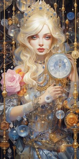 hyper-photorealistic, 3D, portrait of Disney's Cinderella with her blond hair up, wearing a stunning glittering ball gown with extremely full skirt, and a small tiara, extremely beautiful, youthful, dynamic, special attention to the photorealism and details of the face ::5 tarot card featuring close up of Cinderella::5.5 Cinderella as the clock strikes midnight ::4.5 close up of Cinderella looking directly at camera on the palace steps, symmetry of the face ::7.1 Cinderella on a liquid gold gilt, blue and silver and white and pink tarot card in Art nouveau style, close up photorealism::6 in 8 bit, pixel art style, unicake::9.2 white background::-1 --ar 1:2 --c 55 --v 5.1 --s 750