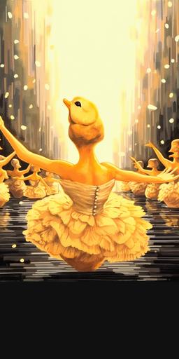 little yellow rubber ducks dressed as ballerinas in little tutus and standing on their tiptoes in point shoes, dancing in unison holding their wings gracefully above their heads on a stage in a ballet production of Tchaikovsky's Swan Lake::2 pen and ink with alcohol ink poster illustration of the Trendy Rubber Duck Ballet Company's production of Swan Lake by Alex Gross, and Adam Hughes and Degas::2 dramatic lighting, atmospheric lighting. stage lighting, ultra-detailed, photorealism, exquisite and ridiculous, vibrant color with black and white and gold, graphic poster, excellent design::1.6 swans, woman, women, girl, girls, humans, human, white ducks::-.5 --ar 1:2 --c 66 --s 1000 --v 5.1 --s 750