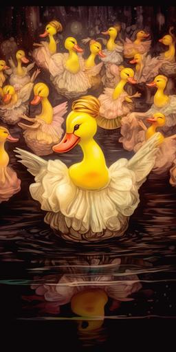 little yellow rubber ducks dressed as ballerinas in little tutus and standing on their tiptoes in point shoes, dancing in unison holding their wings gracefully above their heads on a stage in a ballet production of Tchaikovsky's Swan Lake::2 pen and ink with alcohol ink poster illustration of the Trendy Rubber Duck Ballet Company's production of Swan Lake by Alex Gross, and Adam Hughes and Degas::2 dramatic lighting, atmospheric lighting. stage lighting, ultra-detailed, photorealism, exquisite and ridiculous, vibrant color with black and white and gold, excellent design::1.6 swans, woman, women, girl, girls, humans, human, white ducks::-.5 --ar 1:2 --c 66 --s 1000 --v 5.1 --s 750