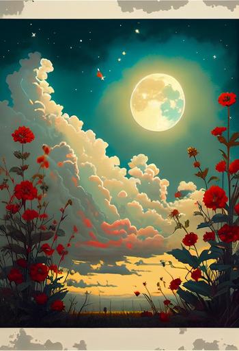 minimalist, wildflowers, cumulous clouds, cornfield, full moon, stars, fireflies, rim lighting, muted blues, greens yellows, reds, breathtaking, glorious, endearing, welcoming, wholesome, beautiful, poster by Shepard Fairey::1 text, words, title, banner, font, heading, rubric, logo, symbol, large areas of black ink, brand name, slogan, motto, catchphrase, brand, frame, surround, face, person, human, wheat::-.5 --ar 2:3 --s 750 --upbeta --q 2
