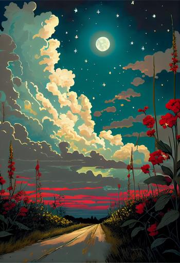 minimalist, wildflowers, cumulous clouds, cornfield, full moon, stars, fireflies, rim lighting, muted blues, greens yellows, reds, breathtaking, glorious, endearing, welcoming, wholesome, beautiful, poster by Shepard Fairey::1 text, words, title, banner, font, heading, rubric, logo, symbol, large areas of black ink, brand name, slogan, motto, catchphrase, brand, frame, surround, face, person, human, wheat::-.5 --ar 2:3 --s 750 --upbeta --q 2