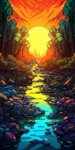 ultra-minimalist low angle with a vanishing point perspective, sunrise on a forest stream, small waterfall, stones, flowering grasses, breathtaking, glorious, beautiful, highlighted by the prominent glow of firefly light::1 cell Shaded low poly amazing anime scenery wallpaper, vector, lovely, vibrant, stylized, made of 3d stained glass::1.5 text, words, title, font, heading, rubric, symbol, watermark, logo, brand name, slogan, motto, catchphrase, trademark, stamp, signature, advertisement, copyright, frame, border, canvas, surround, banner::-.5 --ar 1:2 --s 1000 --chaos 33 --v 5.1 --s 750