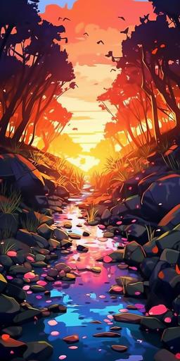 ultra-minimalist low angle with a vanishing point perspective, sunrise on a forest stream, small waterfall, stones, flowering grasses, breathtaking, glorious, beautiful, highlighted by the prominent glow of firefly light::1 cell Shaded low poly amazing anime scenery wallpaper, vector, lovely, vibrant, highly photorealistic, made of 3d stained glass::1.5 text, words, title, font, heading, rubric, symbol, watermark, logo, brand name, slogan, motto, catchphrase, trademark, stamp, signature, advertisement, copyright, frame, border, canvas, surround, banner::-.5 --ar 1:2 --s 1000 --chaos 33 --v 5.1 --s 750