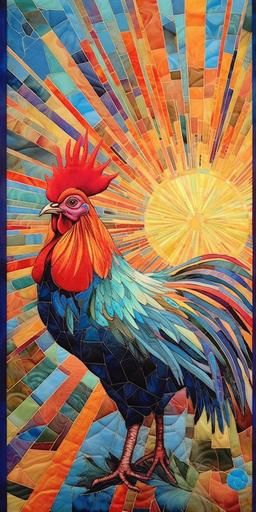 vivid quilting masterpiece, fusion of crowing rooster and pop art deco, at sunrise, crepuscular rays, detailed --ar 1:2 --c 24 --s 666 --v 5.1 --s 750
