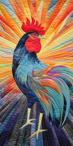 vivid quilting masterpiece, fusion of crowing rooster and pop art deco, at sunrise, crepuscular rays, detailed --ar 1:2 --c 24 --s 666 --v 5.1 --s 750