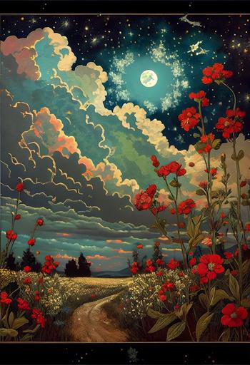 wildflowers, cumulous clouds, cornfield, full moon, stars, fireflies, rim lighting, muted blues, greens yellows, reds, breathtaking, glorious, endearing, welcoming, wholesome, beautiful, poster by Shepard Fairey::1 text, words, title, banner, font, heading, rubric, logo, symbol, large areas of black ink, brand name, slogan, motto, catchphrase, brand, frame, surround, face, person, human, wheat::-.5 --ar 2:3 --s 750 --upbeta --q 2
