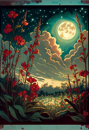wildflowers, cumulous clouds, cornfield, full moon, stars, fireflies, rim lighting, muted blues, greens yellows, reds, breathtaking, glorious, endearing, welcoming, wholesome, beautiful, poster by Shepard Fairey::1 text, words, title, banner, font, heading, rubric, logo, symbol, large areas of black ink, brand name, slogan, motto, catchphrase, brand, frame, surround, face, person, human, wheat::-.5 --ar 2:3 --s 750 --upbeta --q 2