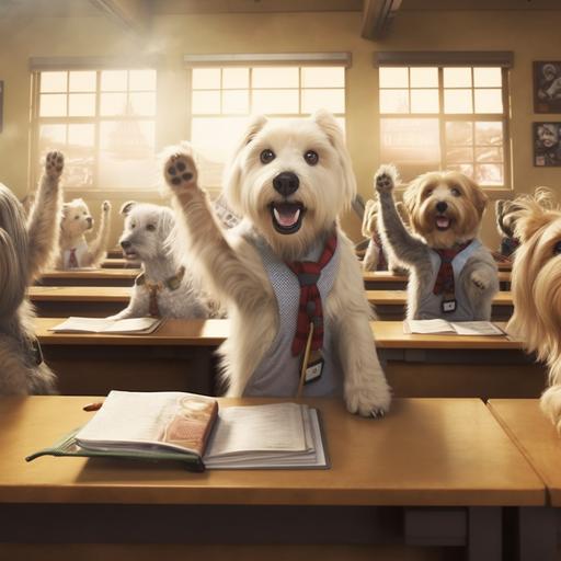 dogs sitting in classroom, japanese student uniforms, raising up a hand, creative, photorealistic, 4:6
