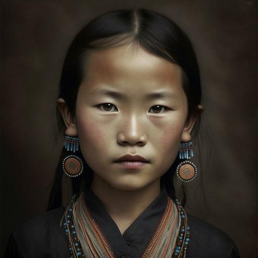 Nadav Kander, Annie Liebovitz, portrait,beautiful and young Hmong Vietnamese girl , looking directly, confident expression, Expressive eyebrows, lovely big eyes, angelic face, simple earring necklace decoration,and the world is beautiful --v 4